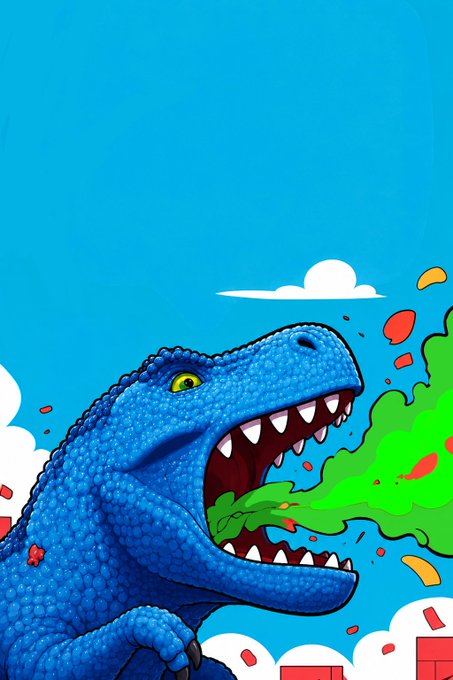 A vibrant digital illustration of a blue dinosaur with yellow eyes roaring and emitting green and red particles against a bright blue sky with white clouds.