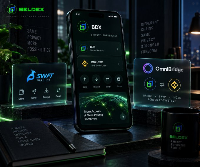 A promotional image for Beldex featuring a smartphone displaying the 'BDX' app interface for Beldex Network and BDX-BSC, alongside illuminated signs for 'SWFT Wallet' and 'OmniBridge' against a dark background with the slogan 'Privacy Empowers People'.