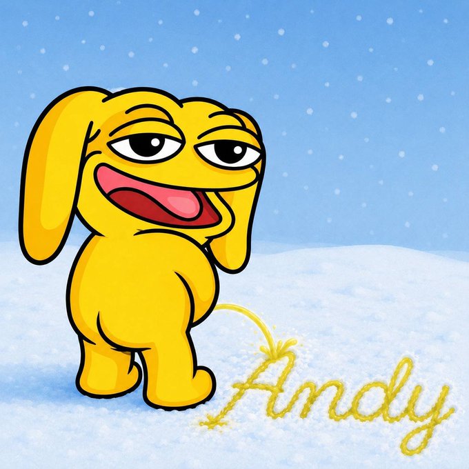 A cartoon illustration of a yellow dog character standing in the snow with a bored expression, with the name 'Andy' written in yellow script.