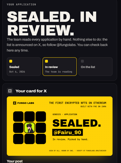 A Fungolabs application status screen titled 'SEALED. IN REVIEW.' with a card for X showing username @Fairu_90 and a yellow status panel indicating 'In review. Picked by hand.'