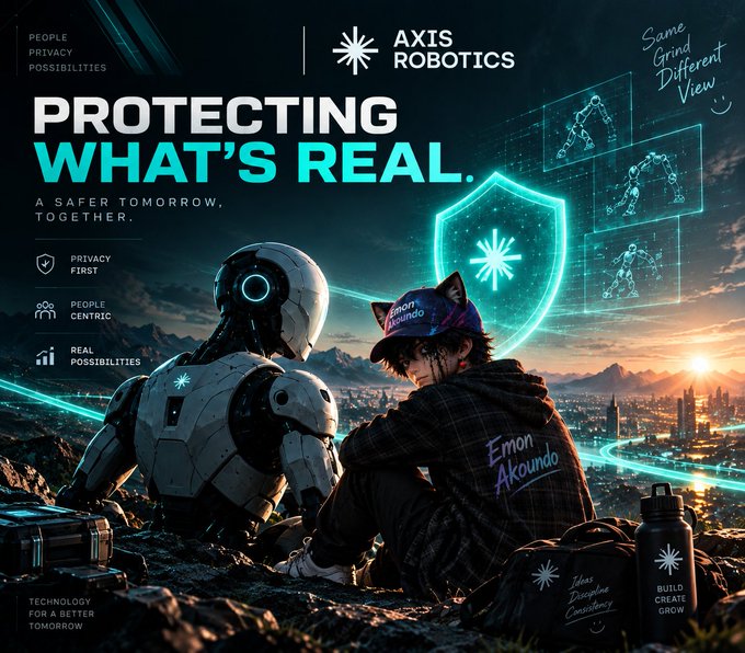 A sci-fi themed advertisement for 'AXIS ROBOTICS' with the tagline 'PROTECTING WHAT'S REAL - A SAFER TOMORROW, TOGETHER,' depicting a white robot and a young person labeled 'Emon Akoundo' overlooking a futuristic city at sunset with a glowing teal shield logo.