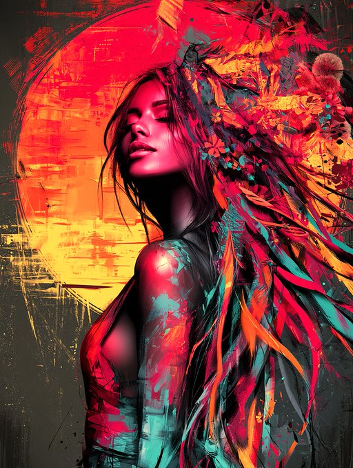 A vibrant digital artwork depicting a woman with flowing hair that transforms into colorful, paint-splattered feathers or flames in shades of red, orange, teal, and pink. A glowing red sun and abstract cityscape form the dramatic background.