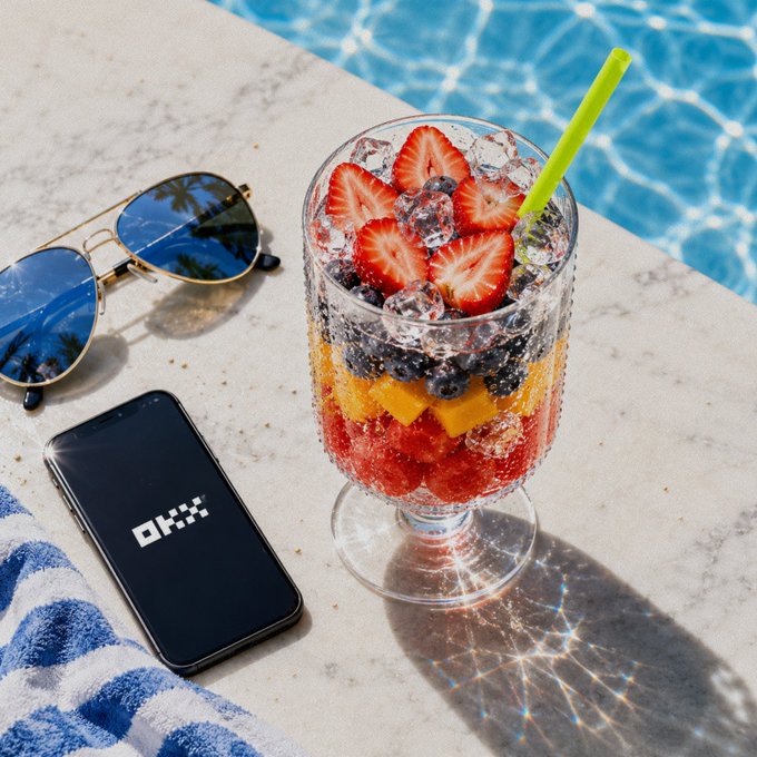 A refreshing fruit cocktail and a smartphone displaying the OKX logo sit poolside, symbolizing a simple and convenient trading experience. This visual aligns with the post's theme of having "your favorite fruits, all in one cup; whatever you want to trade, one platform is all you need."