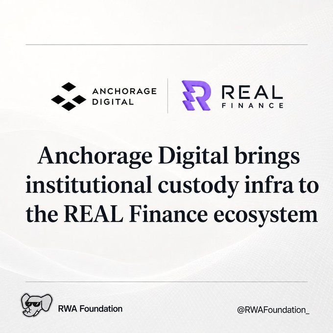 The image features a white background with black text that reads "Anchorage Digital brings institutional custody infra to the Real Finance ecosystem". The caption below the image states "RWA Foundation".