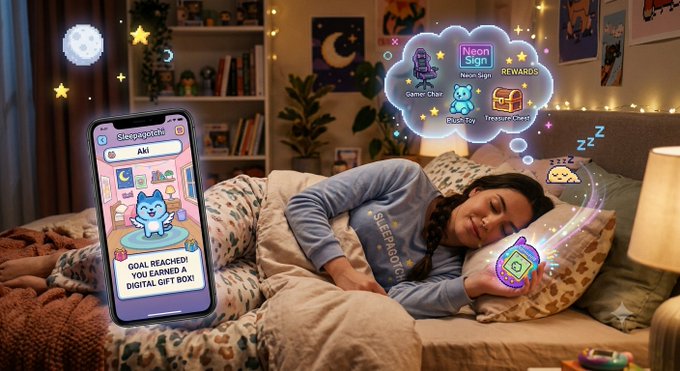A person sleeps in bed while a Sleepagotchi app interface displays a goal reached message and floating reward icons for collecting digital currency and NFTs.