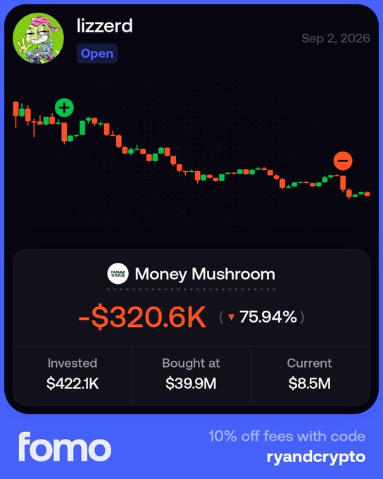 A mobile app screenshot from 'fomo' showing a meme coin called 'lizzerd' dated Sep 2, 2026, with a declining candlestick chart and a 'Money Mushroom' loss of -$320.6K (-75.94%).