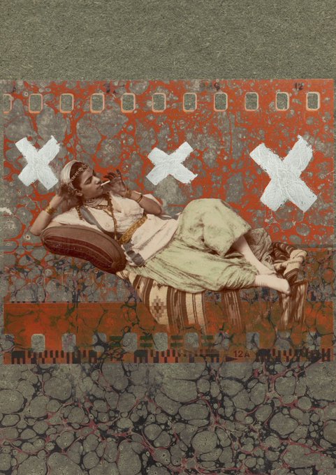 Artistic collage showing a reclining woman with headwear against a film strip background with white X marks and textured patterns.