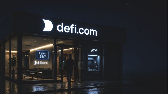 Nighttime image of a person approaching a modern storefront with illuminated 'defi.com' signage, an 'Open 24/7' sign, and an ATM next to the entrance.