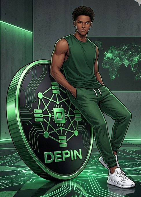 A young man in green athletic wear leans casually against a large coin labeled "DEPIN" featuring circuit board designs, with a digital world map glowing in the background. The image visually represents decentralized physical infrastructure networks, echoing the post's theme of underappreciated projects like Dawn that quietly contribute bandwidth and infrastructure for future gains.