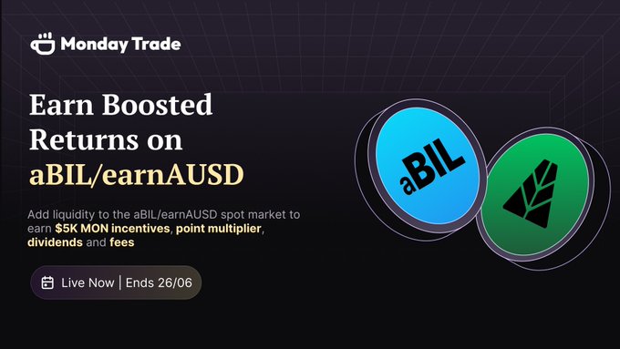 The main focus of this image is an advertisement for a Bitcoin/aBIL campaign that encourages people to invest in the aBIL/earnAUSD pool, potentially with a reward of $5K or $MON, depending on the response to the campaign. The advertisement also highlights other benefits such as point multiplication and annual dividends. The backdrop of the image features an image of some coins placed over the word "aBIL".