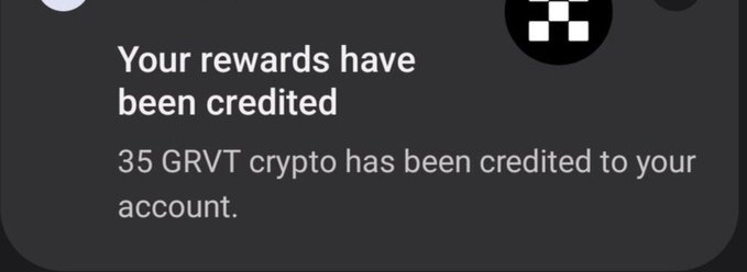 A notification reading "Your rewards have been credited — 35 GRVT crypto has been credited to your account" confirming the distribution of the OKX GRVT task rewards mentioned in the post.