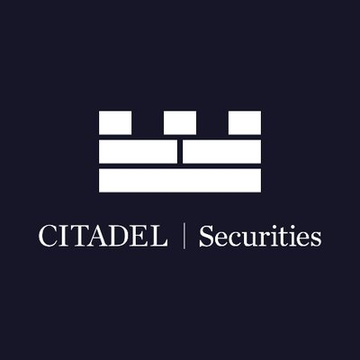 The image displays the Citadel Securities logo, featuring a stylized white fortress/castle emblem above the text "CITADEL | Securities" on a dark navy background. This branding is associated with the accompanying news about Citadel Securities' $400 million investment in Crypto.com at a $20 billion valuation.