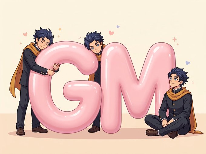 Three anime-style characters in school uniforms and tan scarves pose around large pink bubble letters spelling "GM," with hearts and sparkles floating around them—a playful visual for a "Good morning" greeting tying into the post's question about minting.
