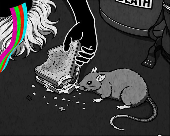 A black and white illustration showing a hand reaching down to feed a sandwich to a rat, with debris scattered on the floor and colorful rainbow stripes in the upper left corner.