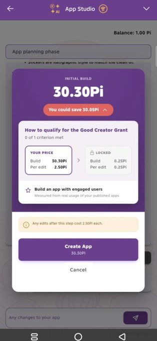 A screenshot of Pi Network's App Studio shows the cost to build an app is 30.30 Pi, with users able to save 30.05 Pi through the Good Creator Grant if they meet engagement requirements. The interface displays build costs, locked pricing details, and a "Create App" button, illustrating the platform's pricing structure discussed in the accompanying post about Pi Network AI and app development.