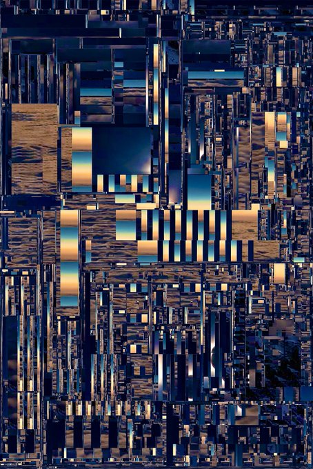 An abstract digital artwork composed of fragmented blue and gold rectangular geometric pieces arranged in a chaotic, mosaic-like pattern.