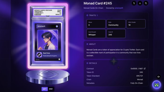 A digital display showcases 'Monad Card #245' owned by sirensof t, featuring anime-style artwork labeled 'Whisper' and 'Wave C' traits.