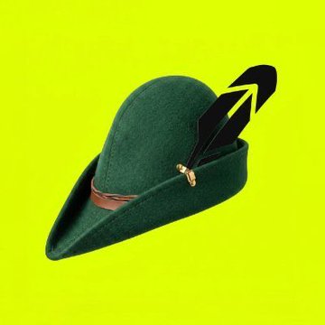 A green Robin Hood-style bycocket hat with a black feather is displayed against a bright yellow background, visually representing the iconic accessory now worn by Cash Cat on the official $CASHCAT website, fueling $BYCOCKET's growing traction.