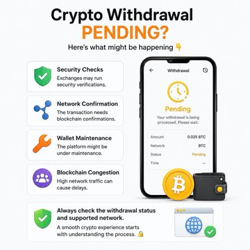 An informational graphic titled 'Crypto Withdrawal PENDING?' explaining reasons like security checks and network confirmation, featuring an illustration of a mobile wallet.