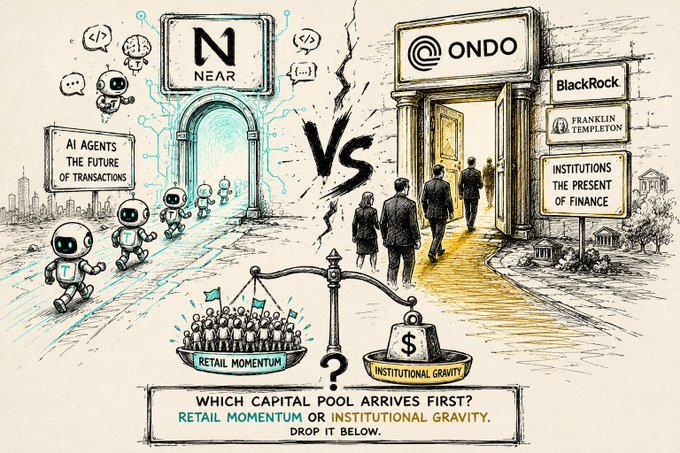 The image depicts a split illustration showing $NEAR as "AI agents the future of transactions" on the left with small robots entering a futuristic portal, versus $ONDO as "institutions the present of finance" on the right with figures entering a doorway labeled with BlackRock and Franklin Templeton, balanced on a scale weighing "Retail Momentum" against "Institutional Gravity" with the caption "Which capital pool arrives first?"