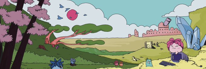 A pixel art style illustration of a landscape featuring cherry blossom trees, pine trees, small creatures, a castle in the distance, and a character with pink hair in the foreground.