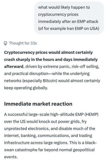 A screenshot of a conversation showing an AI response to a question about what would likely happen to cryptocurrency prices immediately after an EMP attack on the USA, with the answer stating prices would almost certainly crash sharply due to panic and infrastructure disruption, while networks like Bitcoin would likely keep operating globally. The post relates to this by suggesting that while an EMP wouldn't crash crypto, a black swan scare is needed at Elliott Wave cycle intersections like XRP's wave 3/4 boundary on 3/11/2020, potentially pointing to 8/11/2026 as the next key intersection.