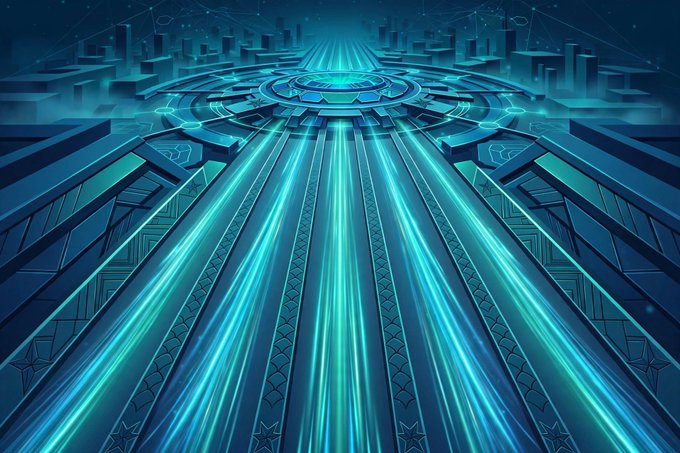 A futuristic digital artwork featuring glowing cyan and teal light streams flowing toward a circular portal or platform, surrounded by geometric structures in a sci-fi aesthetic.