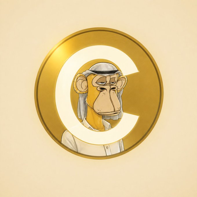 A gold coin emblem featuring the letter "C" with a bored-looking Bored Ape Yacht Club monkey inside, which ironically fits the post about being a "delusional cat(e)"—since the ape-themed crypto NFT icon is the opposite of a cat, poking fun at crypto delusions.
