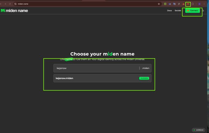 A screenshot of the miden.name website showing a digital identity setup page with the username "kejanow.miden" and a highlighted "Connect" button in the top right corner.