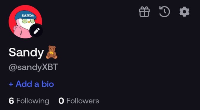 A Twitter profile for "Sandy 🧸" with the handle @sandyXBT is shown, featuring a pink cartoon bird avatar with a "SANDY" cap and indicating 6 Following and 0 Followers. The account has no bio yet, which relates to the post humorously suggesting they're a new user on @pumpfun asking for $30K to test @fomo's app.