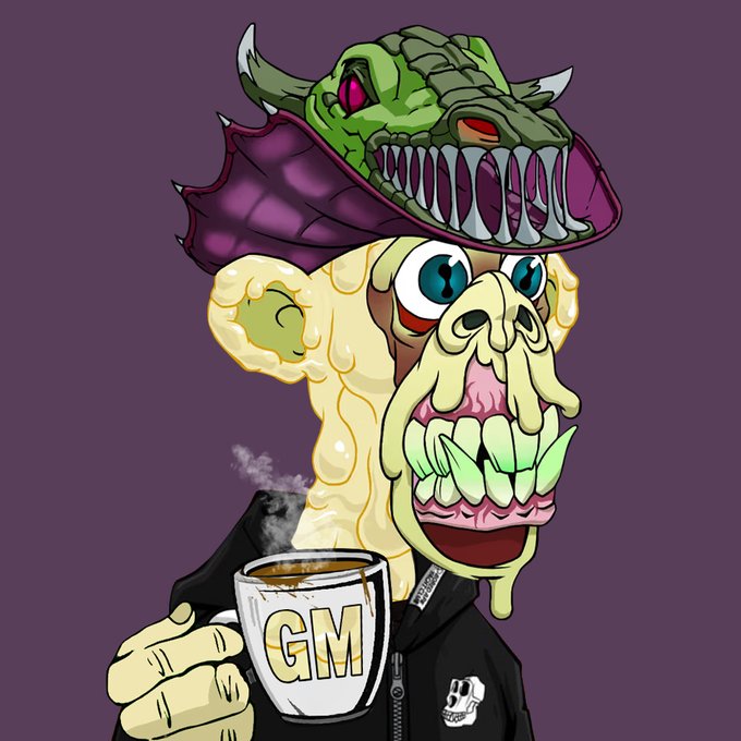 A cartoon illustration of a grotesque creature wearing a spiked purple helmet and skull cap, holding a mug labeled 'GM'.