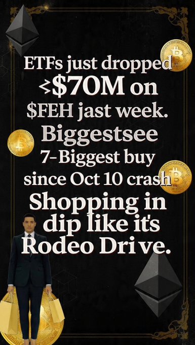 A graphic with crypto imagery states 'ETFs just dropped <$70M on $FEH last week. Biggest 7-Biggest buy since Oct 10 crash Shopping in dip like it's Rodeo Drive' alongside Bitcoin and Ethereum symbols.
