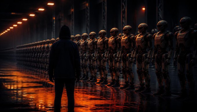 A dark, atmospheric digital artwork of a hooded figure in silhouette standing before rows of identical robotic soldiers lined up under orange overhead lights in a vast industrial hall.