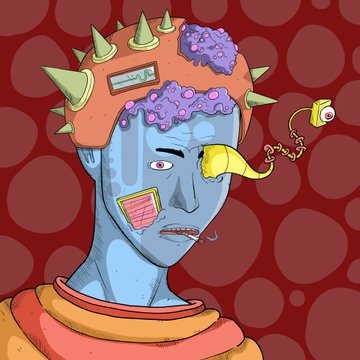 A cartoonish illustration of a blue-skinned character with purple brain matter, spikes, and a strange beak-like protrusion on their face, set against a red polka-dot background.