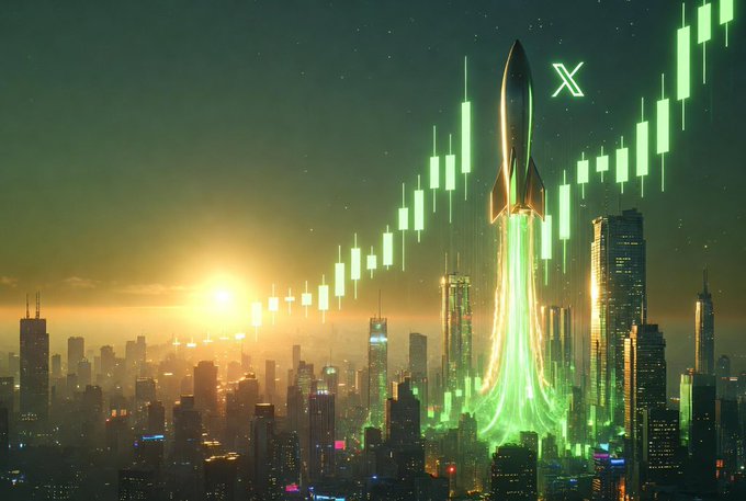 A stylized digital illustration of a rocket launching over a cityscape at sunset, overlaid with a green financial candlestick chart trending upwards and an X logo.