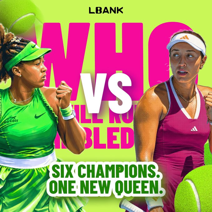 Promotional image for LBank Predict featuring a stylized graphic with two female tennis players (one in green Nike attire, the other in a pink Adidas outfit) in action poses, with text reading "LBank," "WHO VS WILL RU[LE] [WIM]BLED[ON]," and "SIX CHAMPIONS. ONE NEW QUEEN." The image visually supports the post's message about predicting the 2026 Women's Wimbledon winner on the LBank platform.