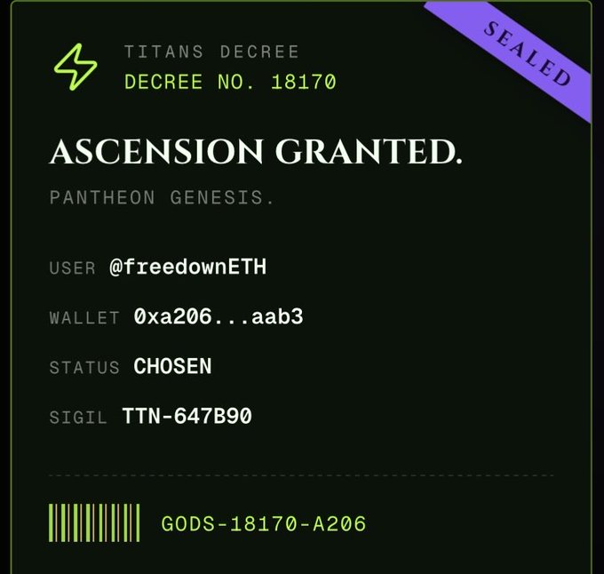 A "Titans Decree" certificate (No. 18170) declaring "Ascension Granted" to user @freedownETH with wallet 0xa206...aab3 and sigil TTN-647B90, marked SEALED, confirming successful whitelist registration for the Titans Hood NFT mint on Robinhood Chain.