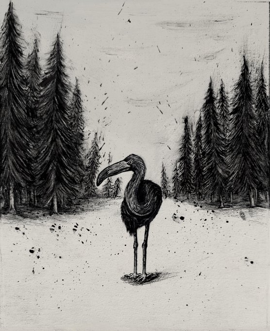 The image features an illustration of a bird standing alone in front of trees, with a forest setting behind it. The bird has its beak open as if it's singing or making a sound. The drawing is black and white, giving it a classic and timeless appearance. It seems to be the main focus of the artwork, capturing the viewer's attention.