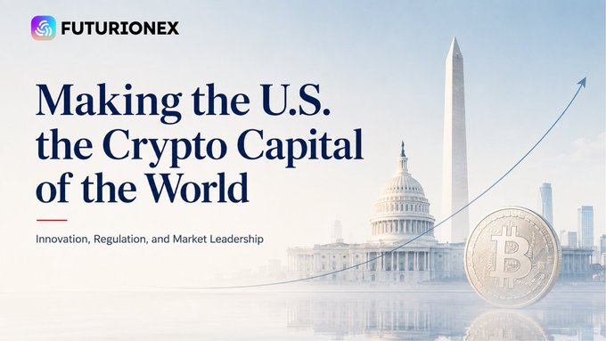 A Futurionex-branded graphic featuring the U.S. Capitol and Washington Monument with a Bitcoin coin and upward arrow, headlined "Making the U.S. the Crypto Capital of the World – Innovation, Regulation, and Market Leadership," visually reinforces the post about SEC Chair Paul Atkins advancing crypto regulation and Futurionex strengthening its global compliance framework for digital assets.