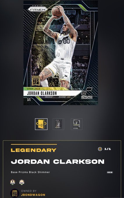 A Legendary Panini Prizm Black Shimmer 1/1 Jordan Clarkson Utah Jazz base card, owned by @jbondwagon, displayed as the final Prizm base 1/1 on chain for the first Filipino NBA champion.
