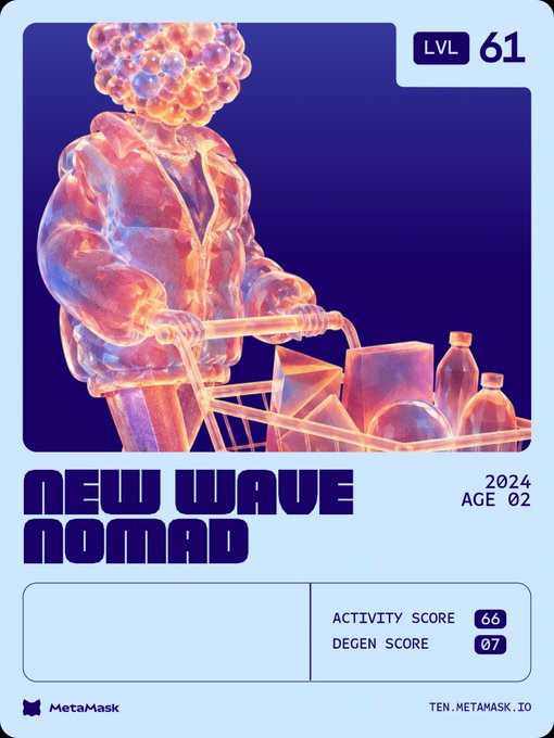 A digital card titled 'NEW WAVE NOMADS' with 'LVL 61', '2024 AGE 02', 'ACTIVITY SCORE 66', 'DEGEN SCORE 07', and 'MetaMask' branding, featuring a 3D illustration of a pink/orange figure pushing a shopping cart full of bottles.