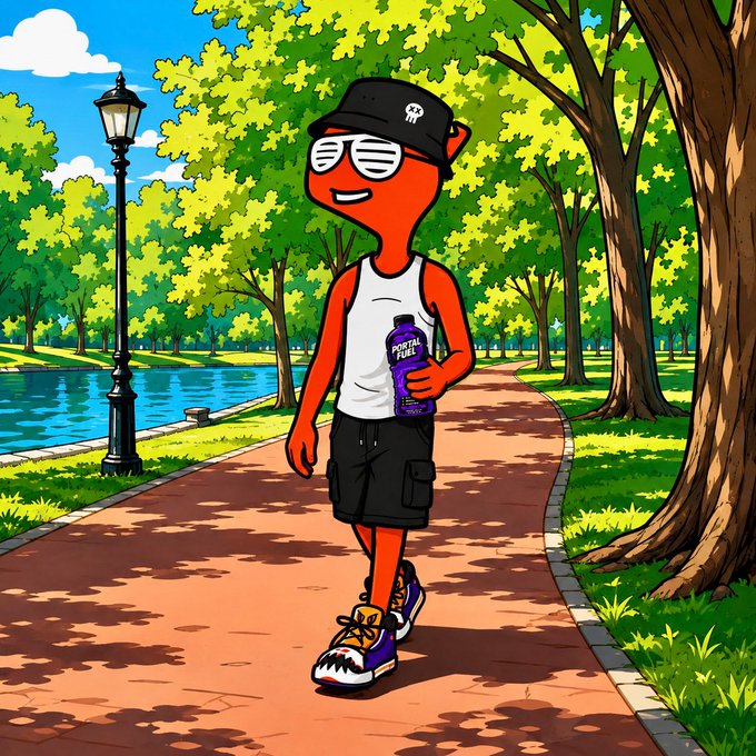 A cartoon illustration of an orange character wearing a black bucket hat, white tank top, and black shorts, walking on a park path while holding a purple 'Mental Fuel' bottle, with a lake and trees in the background.