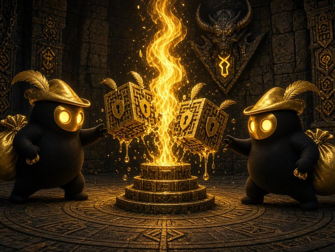 Two black ninja figures with golden feathered hats stand in a stone chamber around a pedestal of fire, with two golden treasure cubes bearing lock symbols floating above the flames.