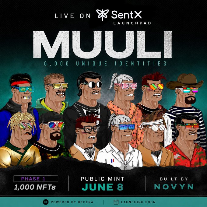The image features a poster for an event called "MUULI" that is live on SentX Launchpad. The poster includes a cartoon illustration of various characters wearing sunglasses, with the text "MUULI" written above them. Below this, there are details about the event, such as its phase and how many NFTs it will cost to participate in. The post also mentions that the event is powered by Hedera and has been officially launched on SentX Launchpad.