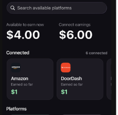 A dark app interface showing earnings from gig platforms, displaying $4.00 available to earn now and $6.00 connect earnings, with Amazon and DoorDash connected.