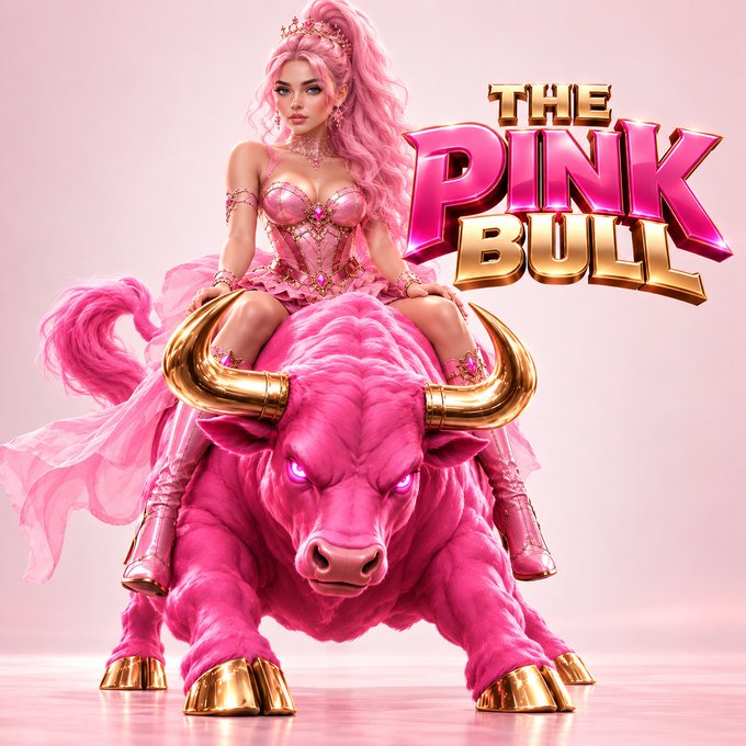 The image is a promotional graphic featuring a pink-haired woman in a glittery pink outfit riding a vibrant pink bull with gold horns and hooves, alongside the title text "THE PINK BULL" in shiny gold and pink lettering. It serves as a bold visual mascot for the cryptocurrency token $PINK BULL, whose contract address (CA: 0xECadb5609fD926707D9E69b4cB97BEE53c6386Bf) is shared in the accompanying post.