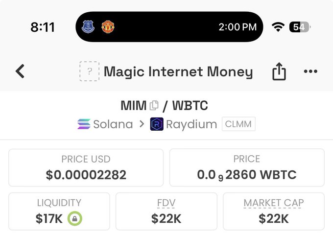 A mobile screenshot of a Magic Internet Money (MIM) token page on a Solana-based Raydium CLMM platform, showing a price of $0.00002282 USD, 0.0₉2860 WBTC, with $17K liquidity and $22K FDV/Market Cap.