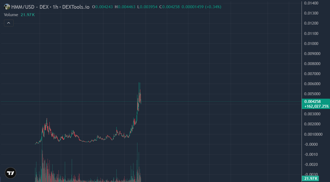 A candlestick chart on DEXTools shows the HMM/USD price on Robinhood Chain (DEX) over a 1-hour timeframe, with the current price at 0.004258 USD, marking a +162,877.75% gain from its starting point of 0.00001459, alongside a dramatic vertical price spike visible on the right side of the chart—visually supporting the claim of HMM's explosive, meme-like surge reminiscent of a "cat coin" rally in China.