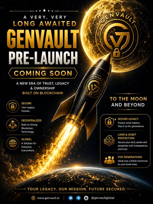 A gold-themed promotional poster for the GenVault ($GENVAULT) pre-launch, featuring a rocket blasting off from Earth toward a moon displaying the GenVault lock logo, with key messaging like "A VERY, VERY LONG AWAITED GENVAULT PRE-LAUNCH," "COMING SOON," "BUILT ON BLOCKCHAIN," and "TO THE MOON AND BEYOND," alongside feature highlights (Secure, Decentralized, Global) and benefits (Secure Legacy, Land & Asset Protection, For Generations). The poster visually reinforces the post's excitement about GenVault's imminent pre-launch and its "to the moon" ambitions.