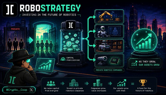 A RoboStrategy infographic titled 'INVESTING IN THE FUTURE OF ROBOTICS' showing capital flowing from investors into private robotics companies (robotic arms, humanoid robots, autonomous vehicles, and AI/eye chips), illustrated with a hooded figure at a laptop and the handle @Crypto_Coop.